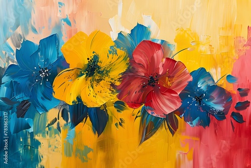 Vibrant Red and Yellow Poppies on Blue Impressionist Painting