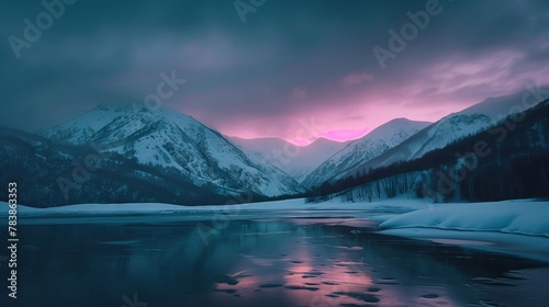 Majestic Lake Embraced by Snowy Peaks in Overcast Skies