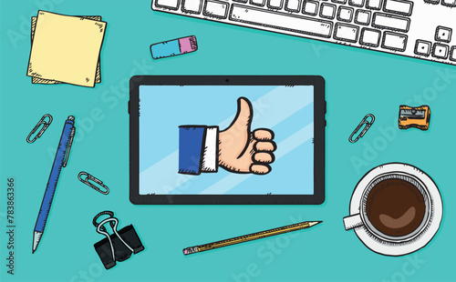 Digital tablet lying in an office, surrounded by office articles, pen, eraser, pencil, keyboard, paper clips and coffee. The tablet's screen shows a thumbs-up graphic. Hand-drawn vector graphic.
