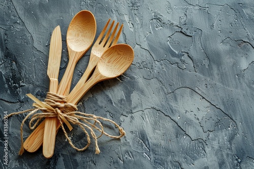 EcoFriendly Cutlery, Wooden forks, knives, and spoons tied with a hemp ribbon, Technology concept, futuristic background photo