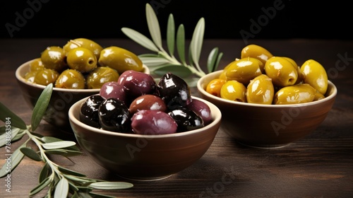 green and yellow, brown olives with leaves, 