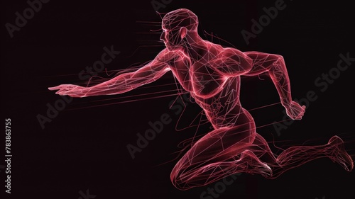 A dynamic wireframe of a running athlete, capturing the motion and form of the human body in action.3D #783863755