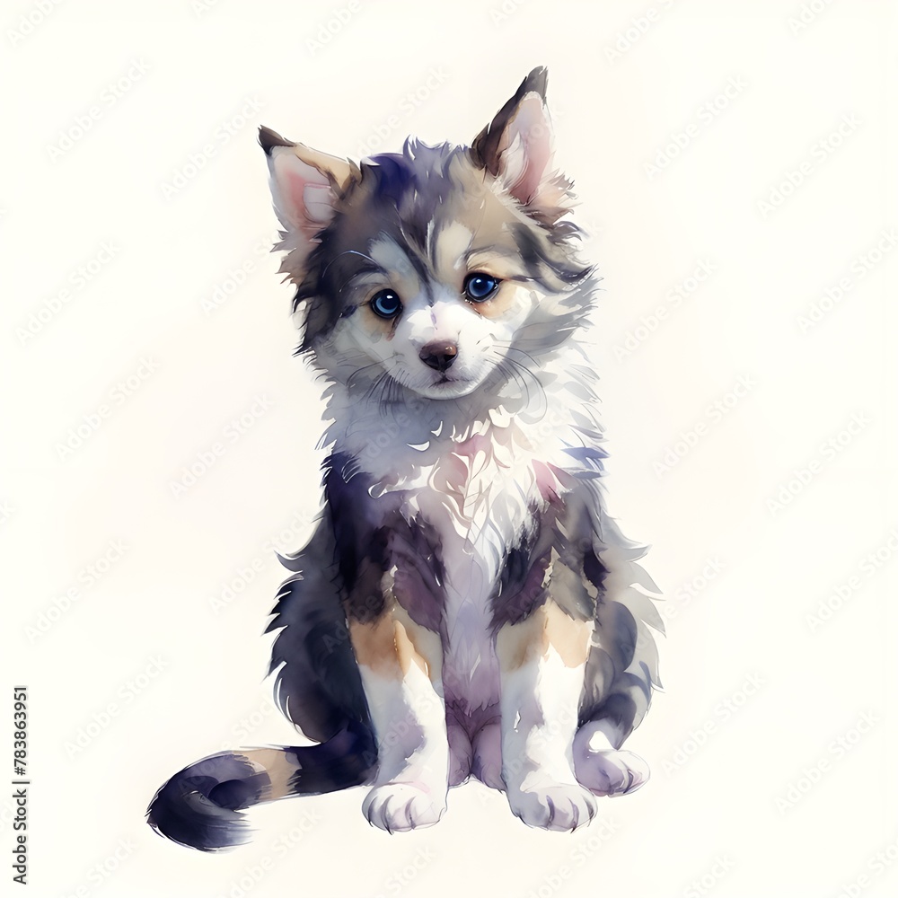 Obraz premium 두 귀를 쫑긋 멍멍이 반려견 귀여운 듬직한 댕댕이 강아지 puppy 개냥이 흰배경 수채화느낌