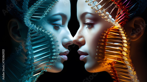 Portrait twins of sensual woman among DNA chains