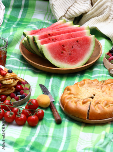 picnic in nature on a checkered blanket with fruit