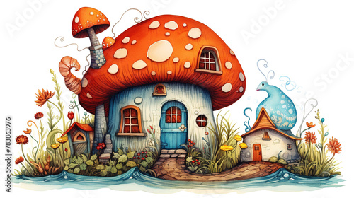 fairy house in the shape of a mushroom with a red roof similar to a fly agaric mushroom cap, for fairies in the forest