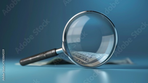 A magnifying glass is looking at a banknote. Blue isolate background. Concept of seeing if it's real or fake. 3D rendering.