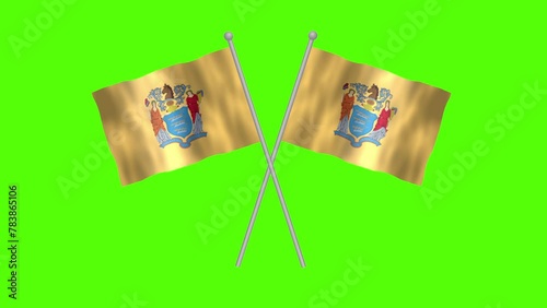 Flag of New Jersey, Cross table flag of New Jersey on Green screen chroma key, USA States New Jersey 3D Animation flag waving in the wind isolated on Green Background.
 photo