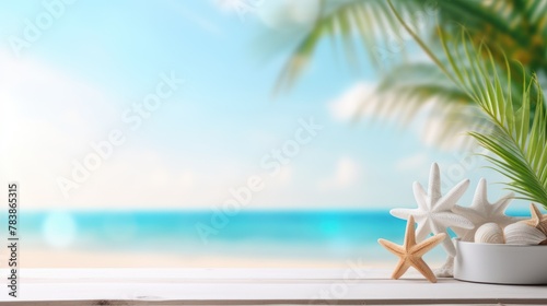 Empty  podium with palm leaves on white beach sand background. 