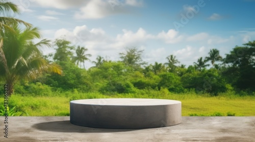 Podium for product placement, product promotion concept, empty concrete podium on green grass with tropical forest plant