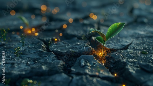 A single sprout breaking through cracked pavement, with glowing blockchain symbols embedded within the cracks, symbolizing the potential of blockchain for growth and innovation.