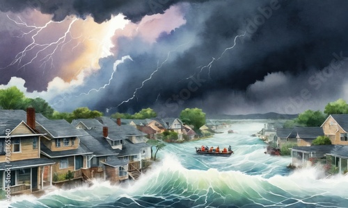 Watercolor illustration of a Urban flood scene with submerged cars and people in rafts under a stormy sky. Water floods city streets, illustrating a dramatic natural disaster.