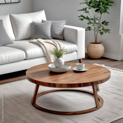 A cozy room with light furniture and a coffee table. Modern design.