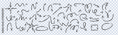 Charcoal hand-drawn pencil arrows. Doodle curved chalk darts. Texture design elements of scribble lines. Vector illustration