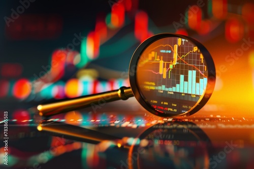 A magnifying glass is looking at the stock chart. Isolated background. Stock market concept for analysis 3D rendering.