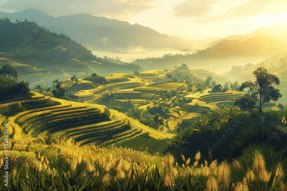 A panoramic view of a rice paddy field at sunrise, with golden light illuminating the terraced fields and distant mountains.