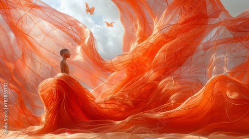  Woman in orange dress Butterfly hovers above Wind tosses hair