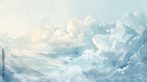 A dreamy aerial view of Cloudrift, with fluffy clouds and soft sunlight streaming through, leaving room for text or additional elements  hand drawing , Water color on white backgound photo