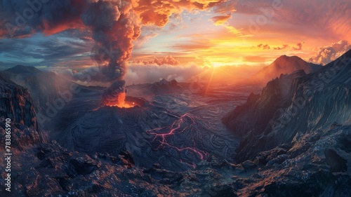 A panoramic view of a volcanic landscape at dawn. A plume of smoke rises from the crater of an active volcano  casting an orange glow across the sky. Jagged lava flows stretch across 