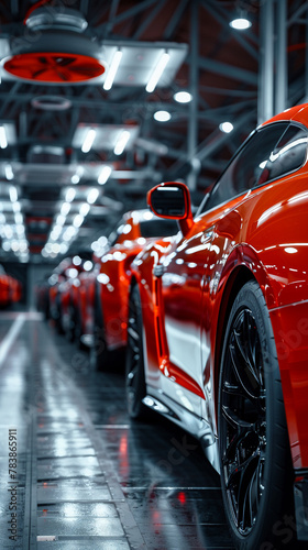 An automotive detailing shop, cars lined up with bright, spotless finishes that shine under the workshop lights, thanks to expert cleaning and high-quality filters