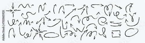 Charcoal hand-drawn pencil arrows. Doodle curved chalk darts. Texture design elements of scribble lines. Vector illustration