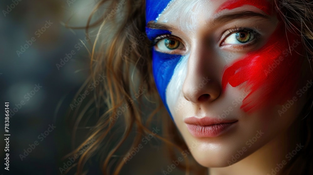 beautiful white woman with painted face from France in a studio. Paris 2024 Olympic Games concept, sporting event in high resolution and quality beautiful white woman with painted face from France in a studio. Paris 2024 Olympic Games concept, sporting event in high resolution and quality