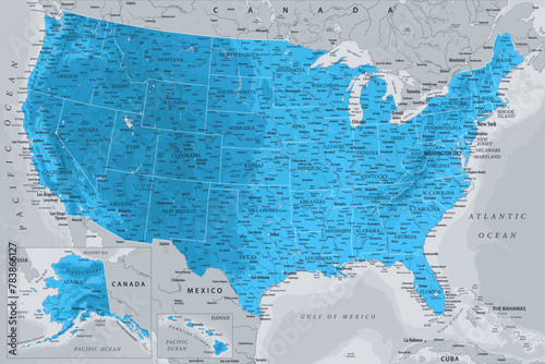 United States - Highly Detailed Vector Map of the USA. Ideally for the Print Posters. Sapphire Blue Green Grey Colors. Relief Topographic