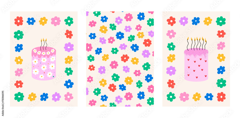 Floral posters with pink birthday cakes. Vector flat illustration of colorful daisy flowers. Holiday greeting card