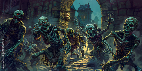 monster skeletons and other undead in the cursed dungeon, 2d, cartoon, game art, illustration book cover, copy space 