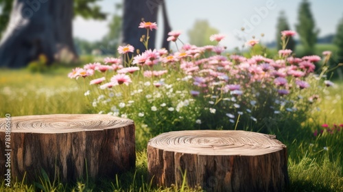 Podium cut logs placed on the grass ,beautiful flowers 