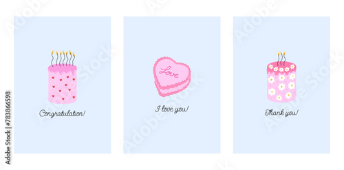 Set of minimalist greeting card with cute pink birthday cakes and holiday inscriptions. Vector flat illustration