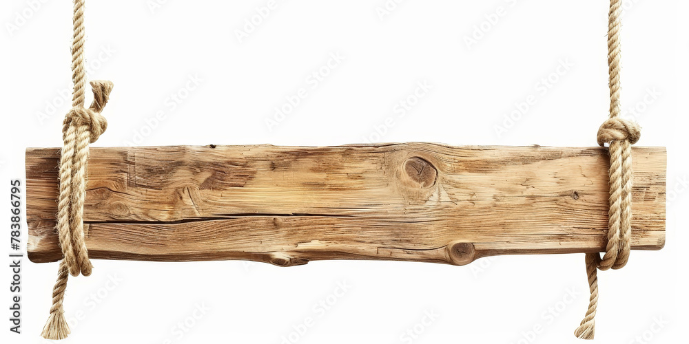 Wooden sign hanging on rope against a white background, old wooden sign Wooden sign hanging on rope against a white background, old wooden sign
