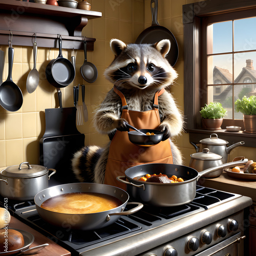 The raccoon was standing on its hind legs in the kitchen, peering over the edge of the stove where a pan of food sizzled and crackled. In its tiny paws, the raccoon held a wooden spoon as it stirred t photo