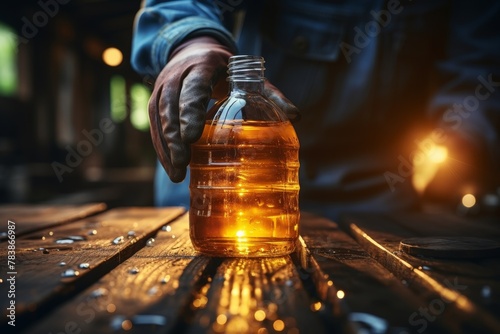 Close-up of hand with a work glove of a mechanic, pouring a bottle of oil in car engine. Engine oil change concept photo