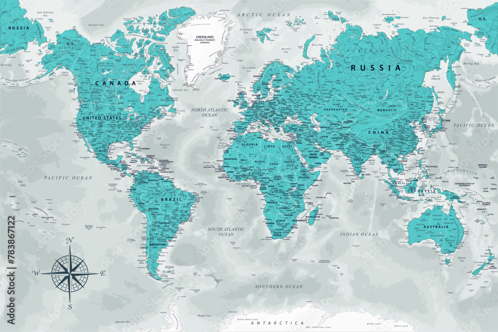 World Map - Highly Detailed Vector Map of the World. Ideally for the Print Posters. Sapphire Blue Green Grey Colors. With Relief and Depth