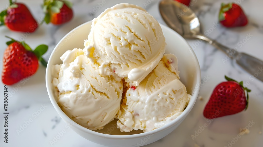 Delicious vanilla ice cream served in a ceramic bowl with fresh strawberries around. Perfect summer treat for dessert lovers. Simple yet enticing food photography. AI Delicious vanilla ice cream served in a ceramic bowl with fresh strawberries around. Perfect summer treat for dessert lovers. Simple yet enticing food photography. AI