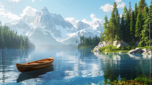A tranquil mountain lake reflecting the snow-capped peaks above. Crystal clear water laps gently at the shore, where a lone wooden rowboat is moored. Lush pine forests surround the lake.3D rendering. photo