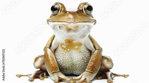   A brown-and-white frog sits atop a white floor A green and yellow frog rests beside it, perched on its legs