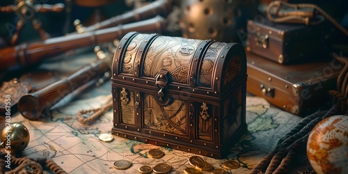 Intricately Carved Treasure Chest Sitting Atop Old Map Surrounded by Nautical Instruments and Golden Doubloons photo