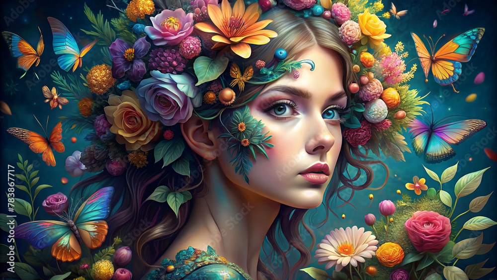 A young woman with an ethereal appearance is adorned with a vibrant floral crown, complemented by multicolored butterflies fluttering around her.AI generated.