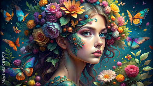 A young woman with an ethereal appearance is adorned with a vibrant floral crown  complemented by multicolored butterflies fluttering around her.AI generated.