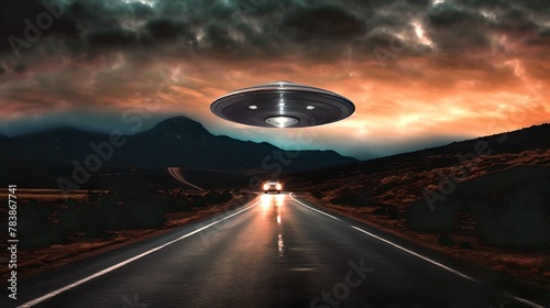 Eerie UFO sighting over a desolate highway at dusk. Science fiction landscape. Cinematic and dramatic scene with alien vibes. Mysterious and captivating encounter. AI