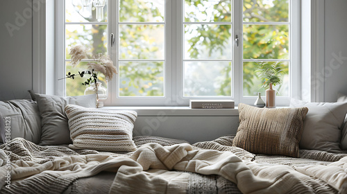 Detail shot of a cozy window seat with plush cushions in a reading nook, modern interior design, scandinavian style hyperrealistic photography