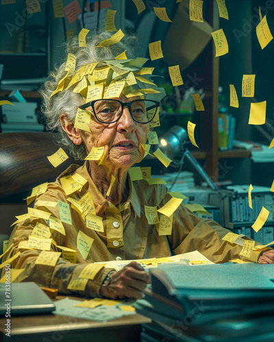 a comical and funny image of an elderly secretary overwhelmed covered in post-it notes