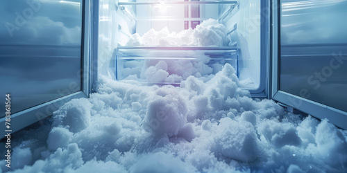 Open refrigerator freezer door with snow inside. Defrosting of the freezer, appearance of snow in the refrigerator. photo
