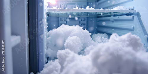 Open refrigerator freezer door with snow inside. Defrosting of the freezer, appearance of snow in the refrigerator. photo