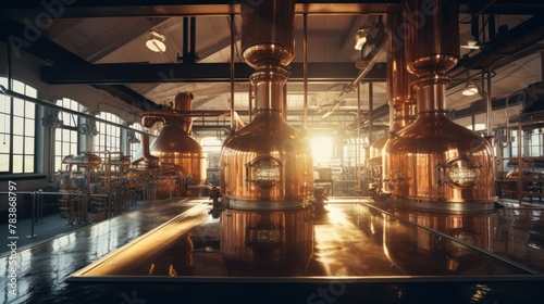 Beverage production concept, a brewery with copper kettles photo