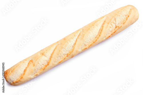 Whole French baguette, top view isolated on a white background
