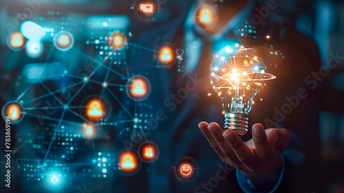 Businessman holding a light bulb in his hands, symbol of a new innovative idea of business technology, financial marketing network, profit planning strategy, developing analytical solutions