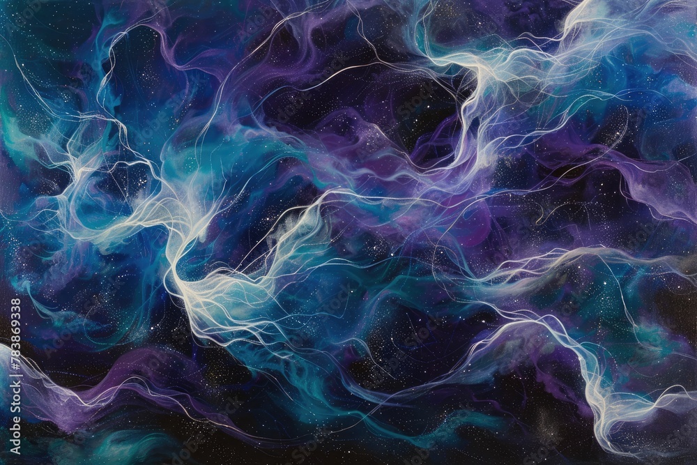 Colorful painting of a nebula with bright white and blue colors against a dark purple background. - obrazy, fototapety, plakaty 
